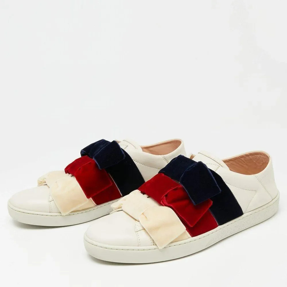 Gucci Women's Cream Leather And Velvet Bow Ace Slip On Sneakers Size 35 - Picture 6 of 16